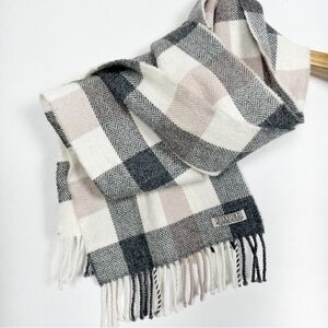 Foxford of Ireland 100% Lambswool Grey and Cream Plaid Scarf with Fringe